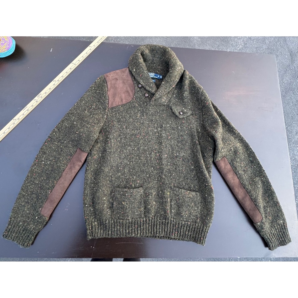 Polo Ralph Lauren Wool Donegal Tweed Shawl Collar Sweater Suede Patches XL Green